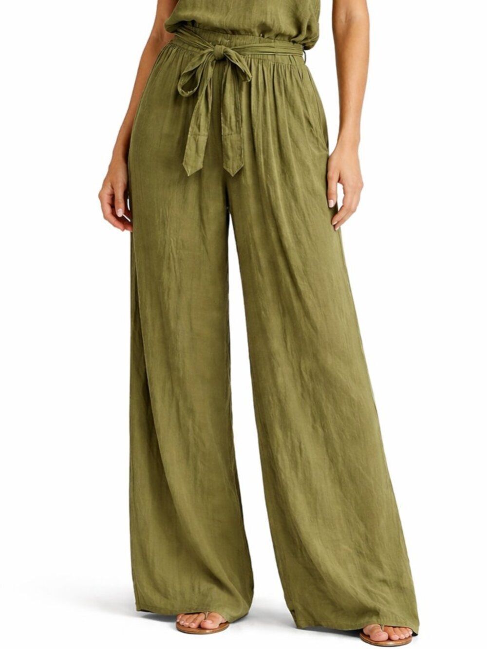 Savannah Monrow Linen Wide Leg Pants Size M Olive Tie Waist Flowy Resort